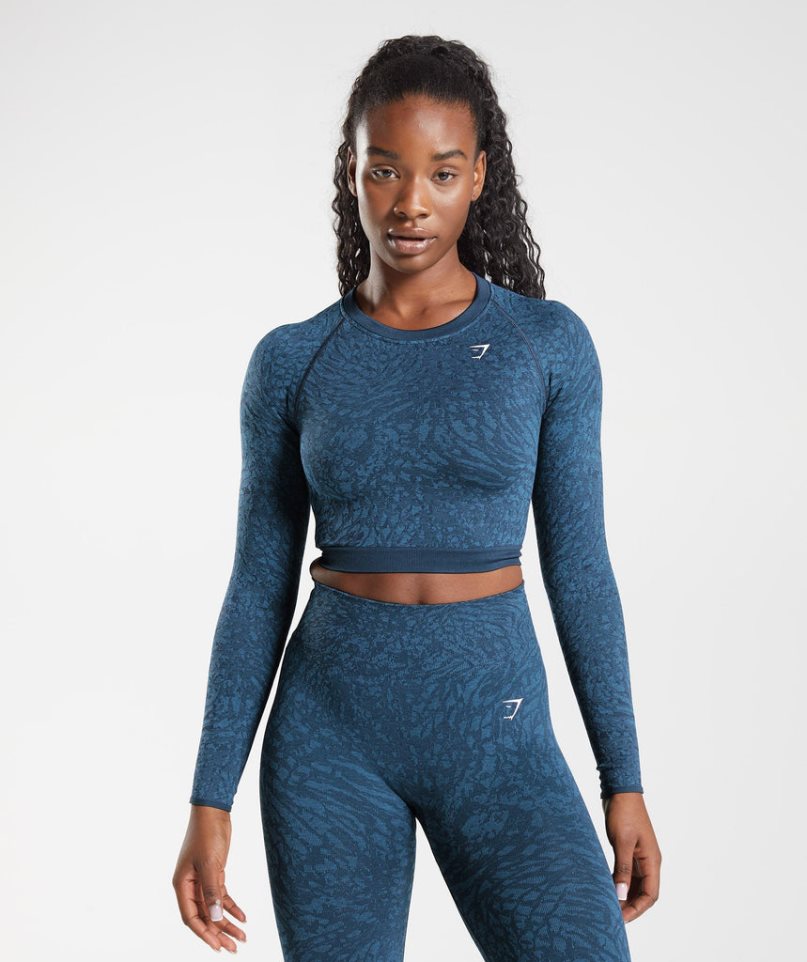 Women's Gymshark Adapt Animal Seamless Lace Up Back Cropped Tops Navy | CA 7ND863